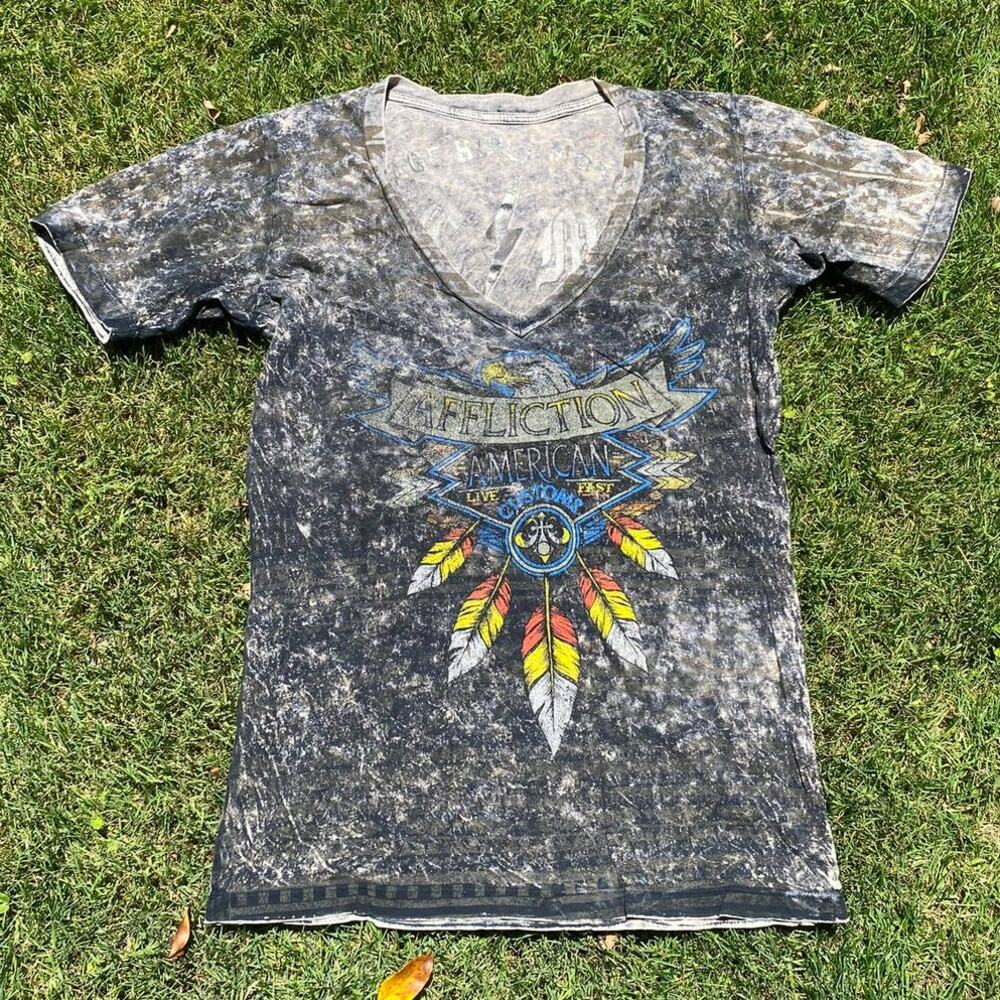 Rare 2011 Affliction American Customs Tee Reversible Distress Women's Large